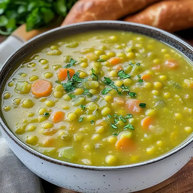Eine Schüssel mit grünem Erbsensuppe, verziert mit frischen Kräutern und umgeben von Brezeln im Hintergrund.