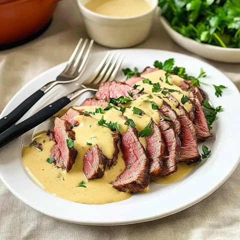 Ein Stück Rindfleisch, dünn aufgeschnitten und mit einer cremigen Sauce sowie frischer Petersilie auf einem weißen Teller angerichtet.