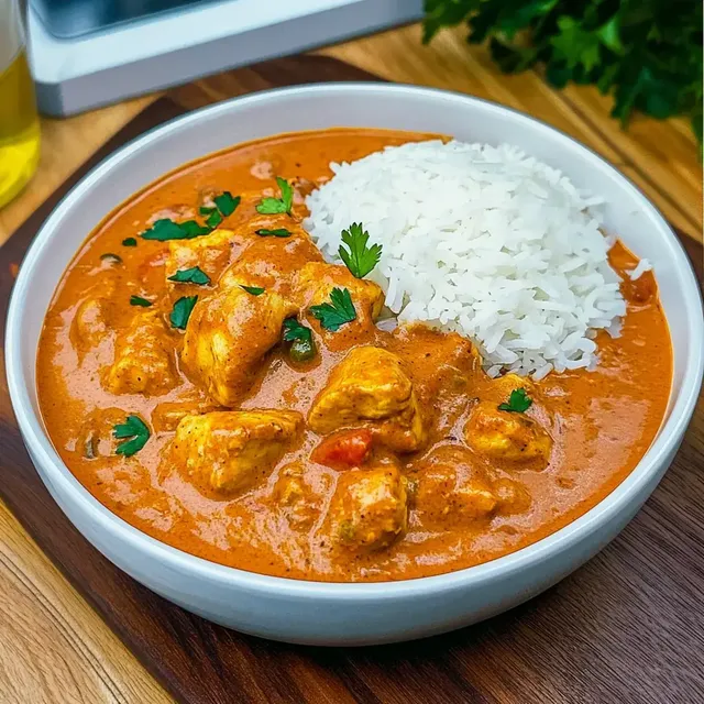 Ein Teller mit Hähnchen in einer cremigen Sauce, garniert mit frischen Kräutern, serviert mit einer Portion Reis.