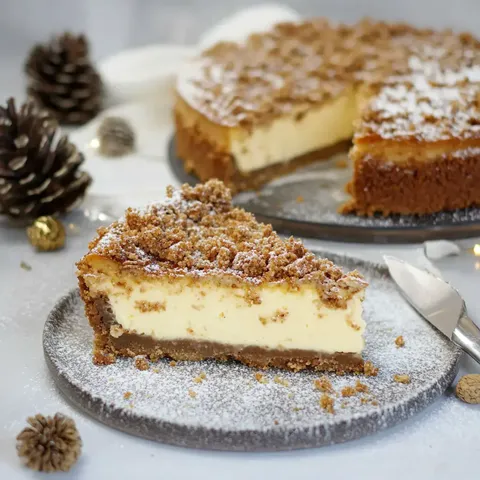 Ein Stück Käsekuchen mit einer krossen Krümelschicht, auf einem Teller mit Puderzucker und Dekoration aus Tannenzapfen und goldenen Kugeln.