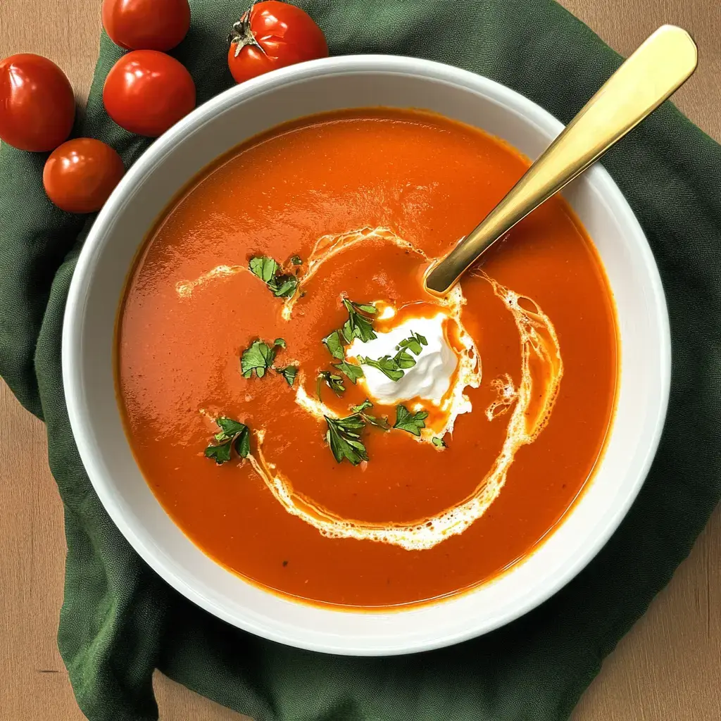 Eine Schüssel Tomatensuppe mit einem Klecks Sauerrahm und frischen Kräutern, umgeben von einigen Kirschtomaten.