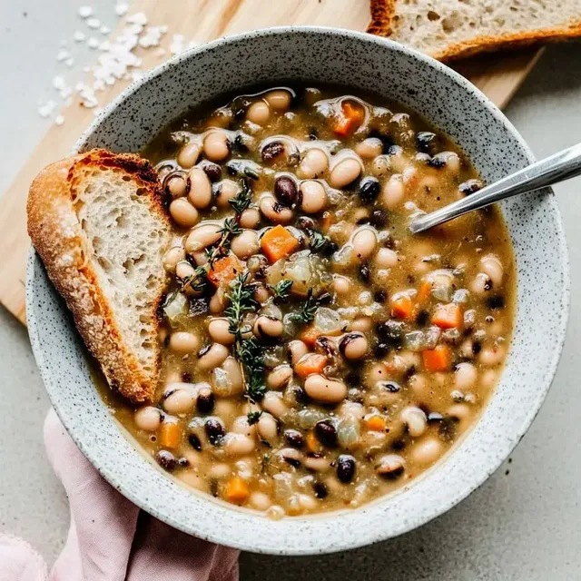 Eine Schüssel mit einer dicken Bohnensuppe, garniert mit frischem Thymian und begleitet von einer Scheibe Brot.