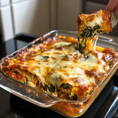 Eine frisch gebackene Lasagne mit Käse und Spinat wird aus einer Auflaufform gehoben.