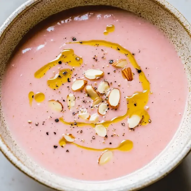 Eine Schüssel mit rosa Suppe, garniert mit Mandeln und einem Schuss Olivenöl.