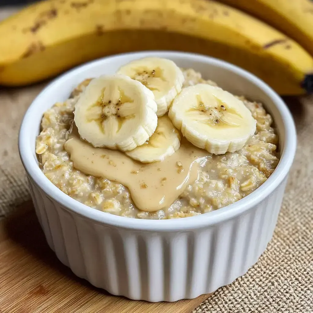 Eine Schüssel mit Haferbrei, garniert mit Bananenscheiben und Erdnussbutter, liegt auf einem Holztisch, während im Hintergrund Bananen sichtbar sind.