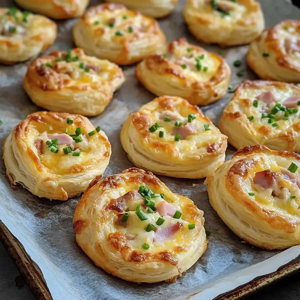 Eine Anzahl von goldbraunen Blätterteigteilchen mit Käse, Schinken und Schnittlauch auf einem Backblech.