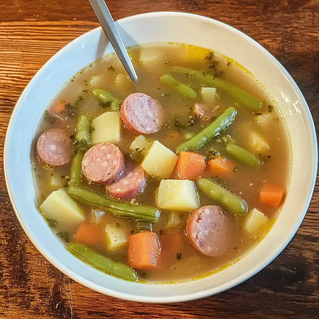 Eine Schüssel mit Gemüsesuppe, die Würstchen, grüne Bohnen, Karotten und Kartoffelstücke enthält.