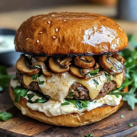 Ein saftiger Burger mit einem Sesambrötchen, belegt mit geschmolzenem Käse, sautierten Pilzen und frischen Kräutern.