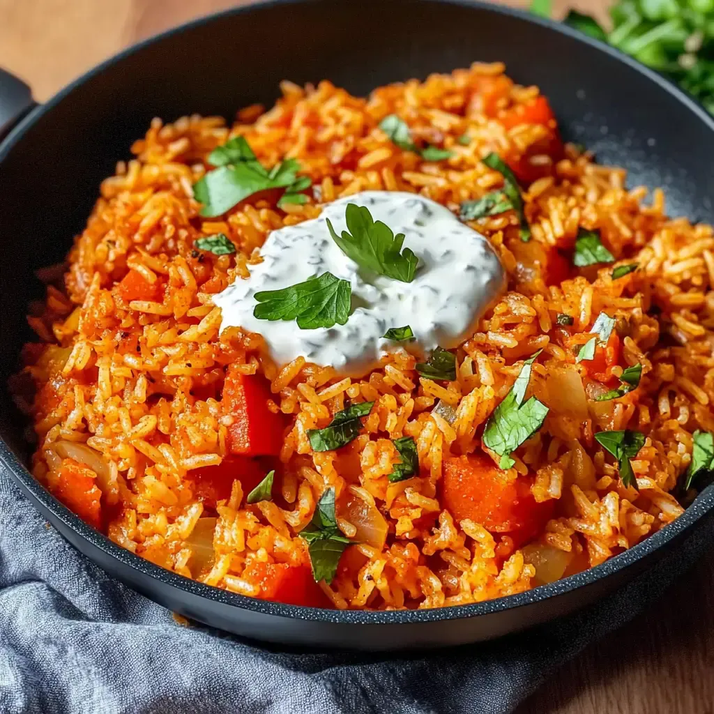 Ein Teller mit würzigem Reis, verfeinert mit Paprika, Zwiebeln und frischen Kräutern, garniert mit einem Klecks Joghurt.