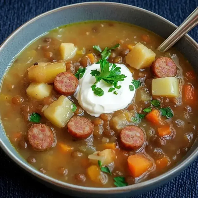 Ein Teller mit Linsensuppe, garniert mit Wurstscheiben, Kartoffeln, Karotten und einem Klecks Sauerrahm, darauf frische Petersilie.