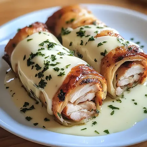 Zwei gefüllte Hähnchenröllchen mit einer cremigen Soße und frischen Kräutern auf einem weißen Teller.
