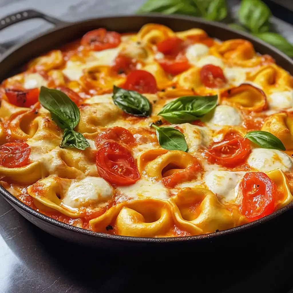 Ein überbackenes Nudelgericht mit Tortellini, Kirschtomaten, Mozzarella und frischem Basilikum in einer Pfanne.