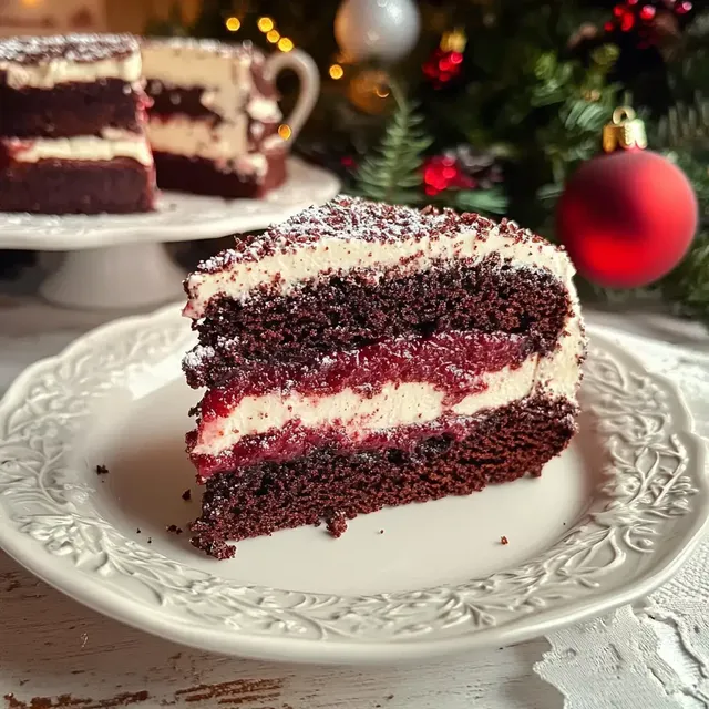 Ein Stück Schokoladenkuchen mit Creme und Fruchtfüllung auf einem weißen Teller, im Hintergrund festliche Dekoration.