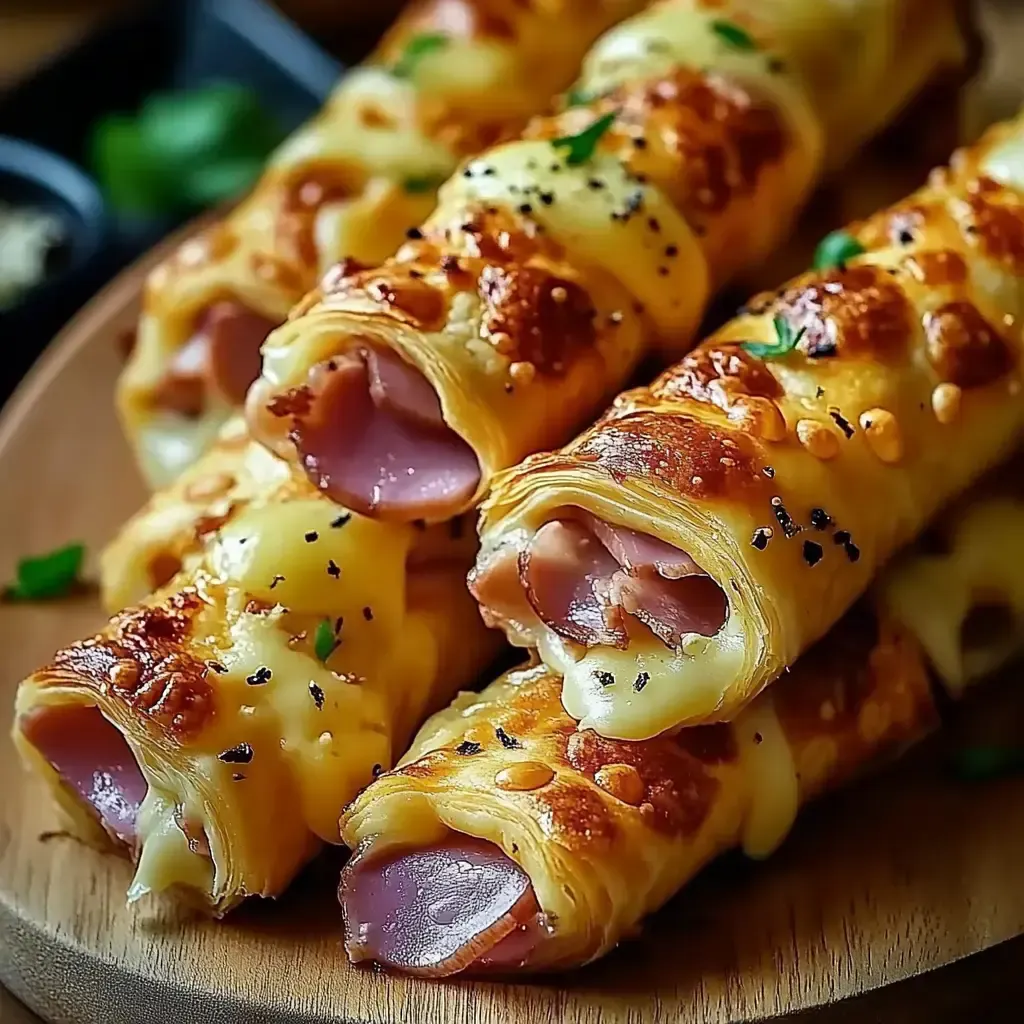 Zwei Teller mit knusprigen Teigrollen, gefüllt mit Schinken und überbacken mit geschmolzenem Käse, angerichtet auf einem Holzbrett.