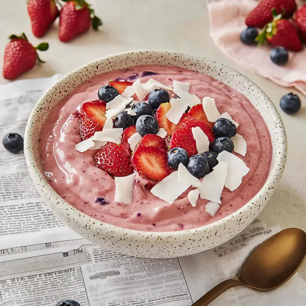Eine Schüssel mit cremigem Joghurt, garniert mit Erdbeeren, Heidelbeeren und Kokosraspeln, steht auf einer Zeitung.