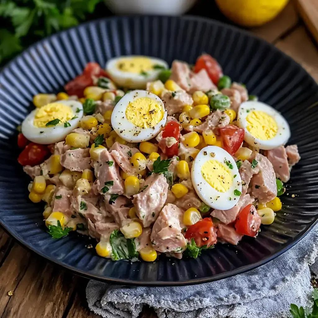 Ein farbenfroher Salat mit Thunfisch, Mais, Kirschtomaten, hartgekochten Eiern und frischer Petersilie auf einem schwarzen Teller.