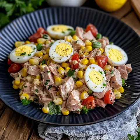 Ein farbenfroher Salat mit Thunfisch, Mais, Kirschtomaten, hartgekochten Eiern und frischer Petersilie auf einem schwarzen Teller.