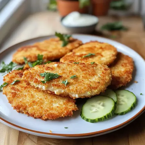 Ein Teller mit goldbraun panierten und frittierten Schnitzeln, garniert mit frischem Koriander und serviert mit Gurkenscheiben.