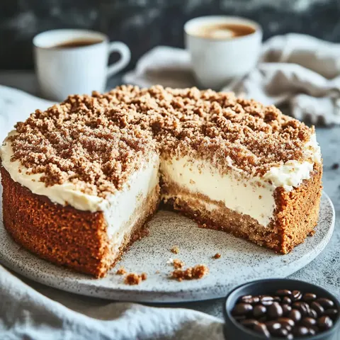 Ein geschnittener Kuchen mit einer cremigen Füllung und einer Keksbröseloberfläche, begleitet von zwei Tassen Kaffee und einer Schale mit Kaffeebohnen.