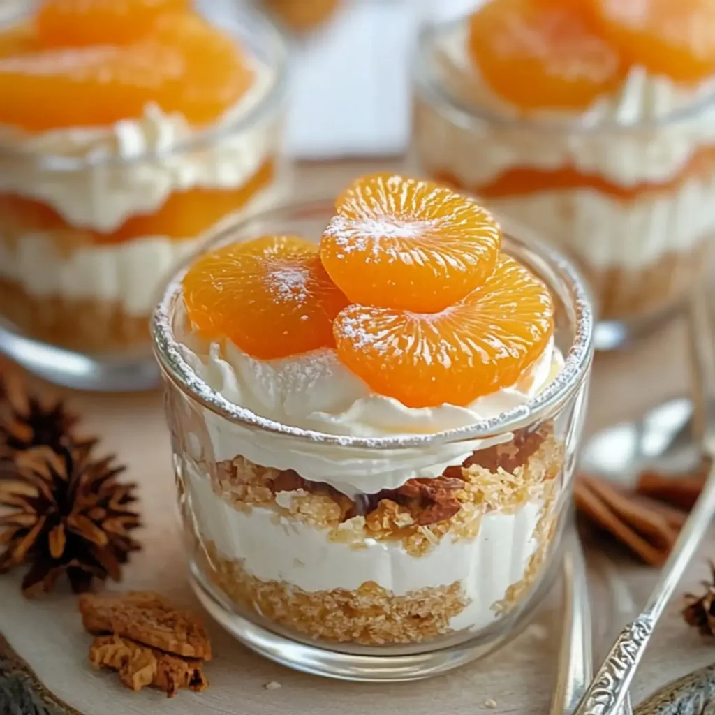 Ein Schichtdessert in einem Glas mit einer Schicht aus Kekskrümeln, Sahne und Mandarinenstückchen.
