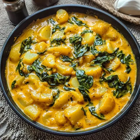 Ein schmackhaftes Gericht aus Kartoffeln und frischem Spinat in einer cremigen, orangenen Sauce.