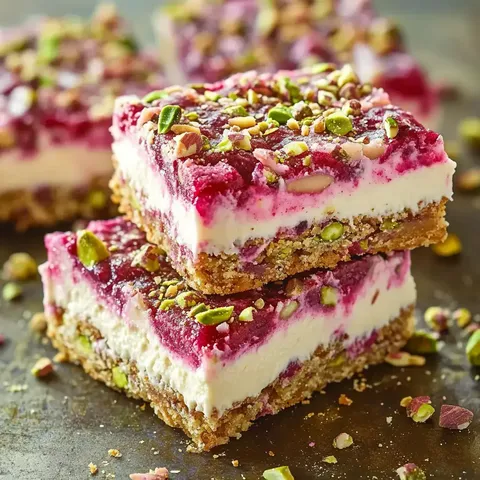Eine Nahaufnahme von zwei Schichten eines Desserts mit einer Keksbodenbasis, einer cremigen Füllung und einer fruchtigen oberen Schicht, garniert mit gehackten Pistazien.