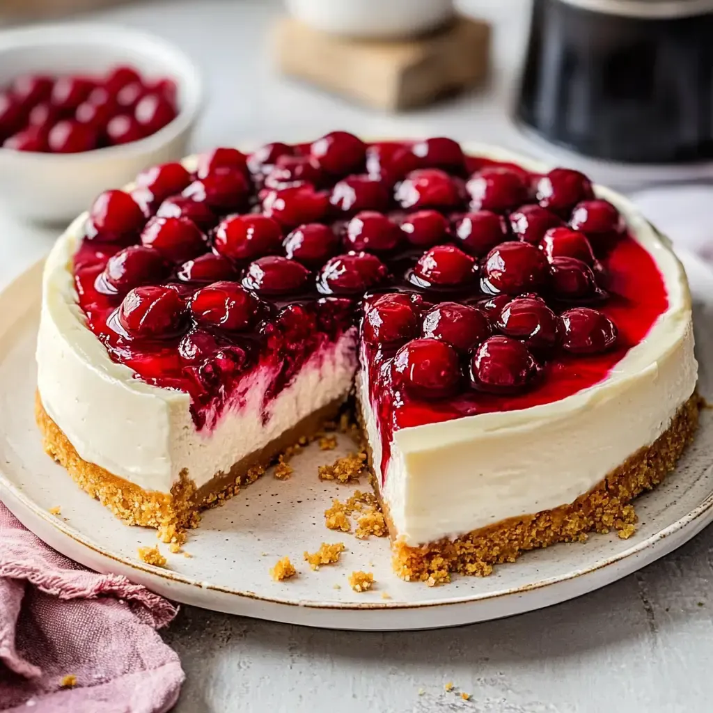 Ein Käsekuchen mit Kirschen und einer Keksboden, von dem ein Stück entnommen wurde.