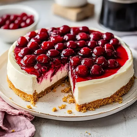 Ein Käsekuchen mit Kirschen und einer Keksboden, von dem ein Stück entnommen wurde.
