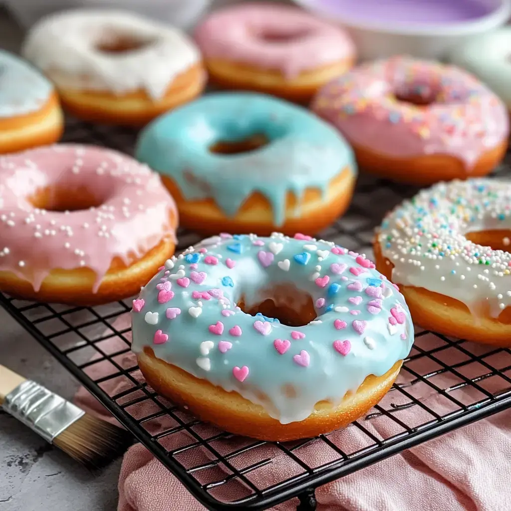 Bunte Donuts mit verschiedenen Glasuren und Streuseln auf einem Kuchengitter.