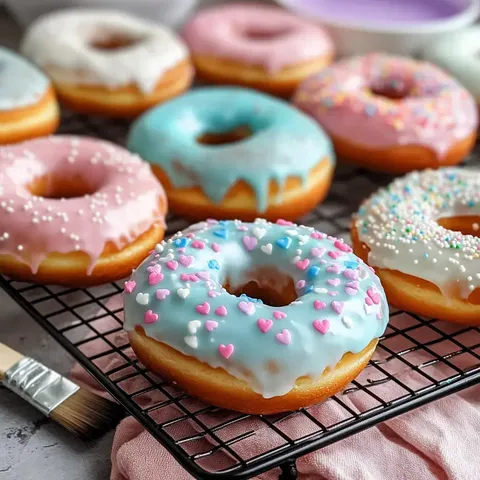 Bunte Donuts mit verschiedenen Glasuren und Streuseln auf einem Kuchengitter.
