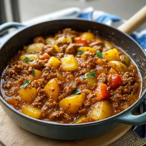 Ein Topf mit herzhaftem Hackfleisch-Eintopf, der mit Kartoffeln und Paprika in einer dicken, rotbraunen Soße serviert wird.