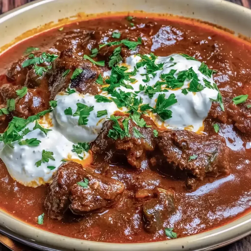 Ein Teller mit zartem Fleisch in einer würzigen Sauce, garniert mit frischem Koriander und einem Klecks Sahne.