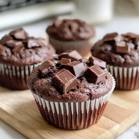 Drei schokoladige Muffins mit Schokoladenstückchen auf einem Holzbrett.