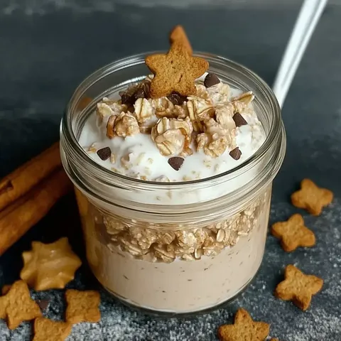 Ein Glas mit Haferflocken, Joghurt und Schokoladenstückchen, garniert mit einem Sternplätzchen und umgeben von Zimtstangen und kleinen Plätzchen.