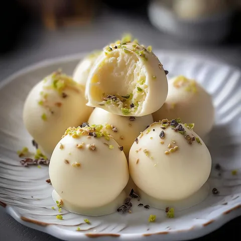 Eine Schale mit weißen Pralinen, von denen eine halbiert ist und mit gehackten Nüssen und Zitronenschale bestreut ist.