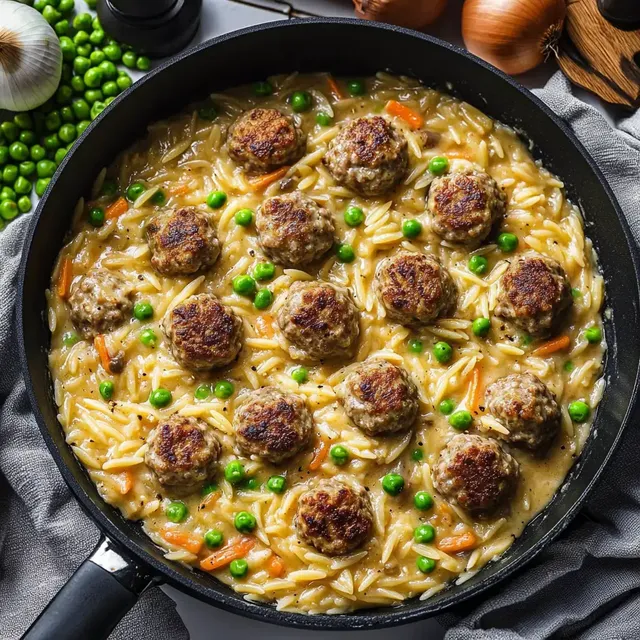 Eine Pfanne mit Frikadellen, Reis, Erbsen und Karotten in einer cremigen Sauce.