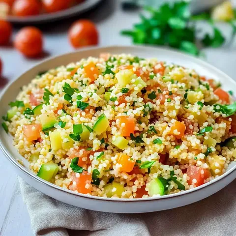 Ein bunter Couscous-Salat mit frischem Gemüse und Kräutern auf einem Teller.