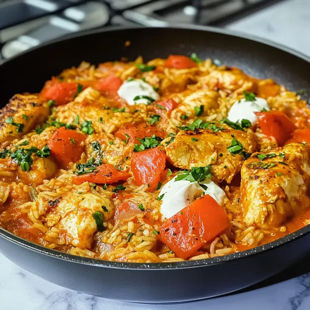 Ein bunter Wok mit Hühnchen, Reis, Tomaten und Kräutern, garniert mit Sahne.