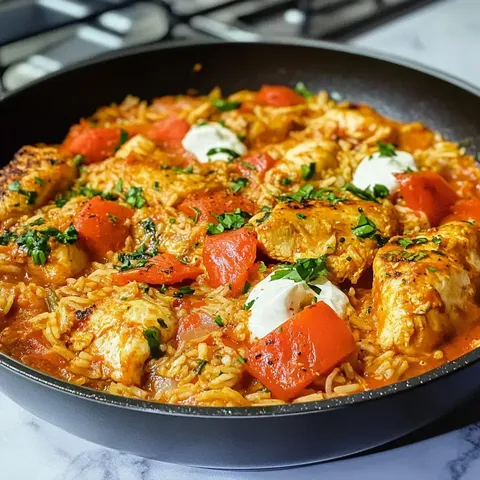Ein bunter Wok mit Hühnchen, Reis, Tomaten und Kräutern, garniert mit Sahne.