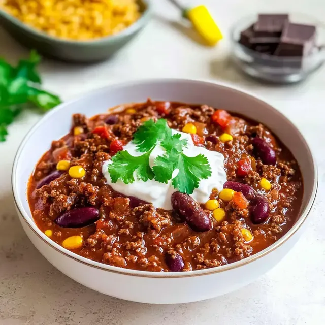 Eine Schüssel Chili con Carne mit Hackfleisch, Kidneybohnen, Mais und einer Garnitur aus Sauerrahm und frischem Koriander.