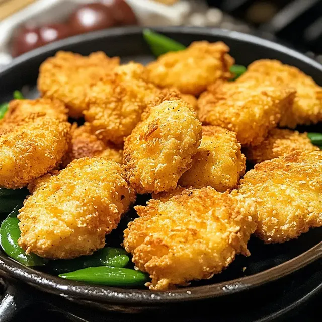 Ein Teller mit goldbraun gebratenen Nuggets auf einem Bett aus grünen Bohnen.