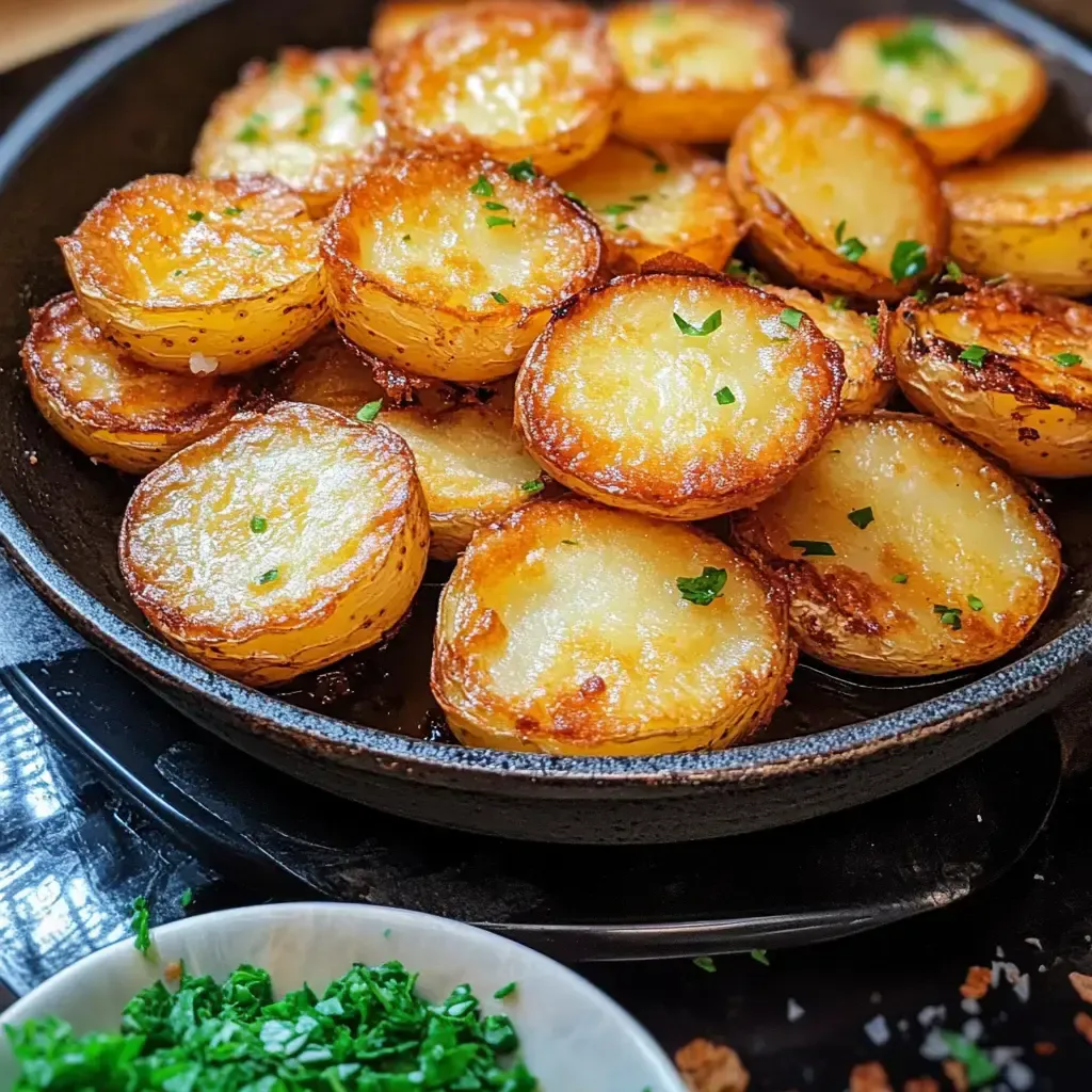 Gebratene, goldbraune Kartoffelscheiben mit grüner Petersilie in einer Pfanne, dazu eine Schüssel frische gehackte Petersilie.