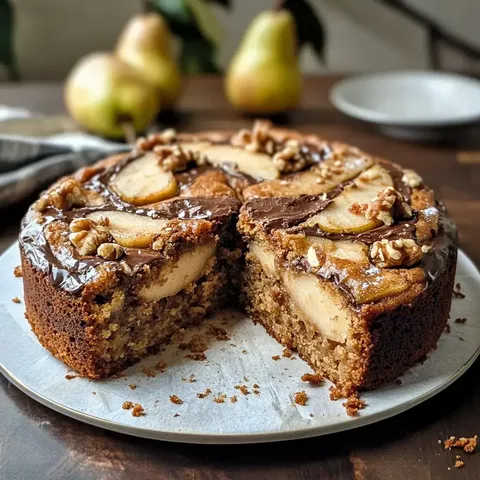 Ein auf einem Teller angerichteter Kuchen mit Äpfeln, Schokoladenglasur und Walnüssen, von dem ein Stück herausgeschnitten wurde.