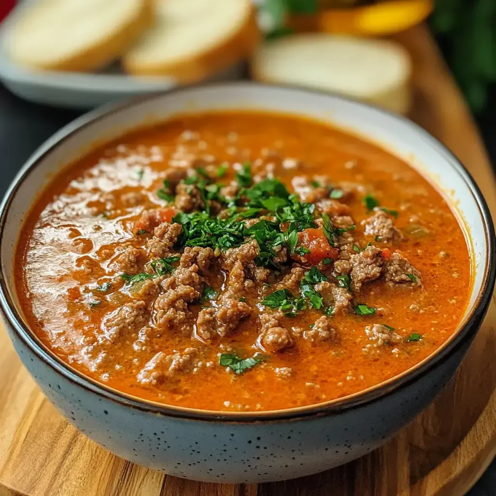 Eine Schüssel mit herzlicher, tomatiger Suppe, die mit Hackfleisch und frischem Koriander garniert ist, steht auf einem Holzteller, während im Hintergrund einige Brötchen sichtbar sind.