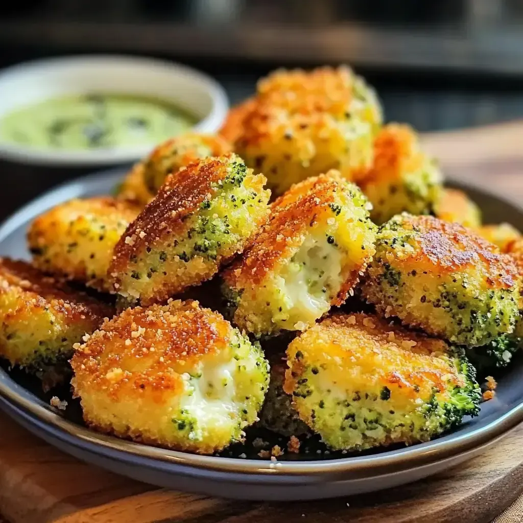 Ein Teller mit goldbraun gebratenen Brokkoli-Käse-Bällchen, die außen knusprig und innen cremig sind, daneben eine kleine Schale mit grüner Sauce.