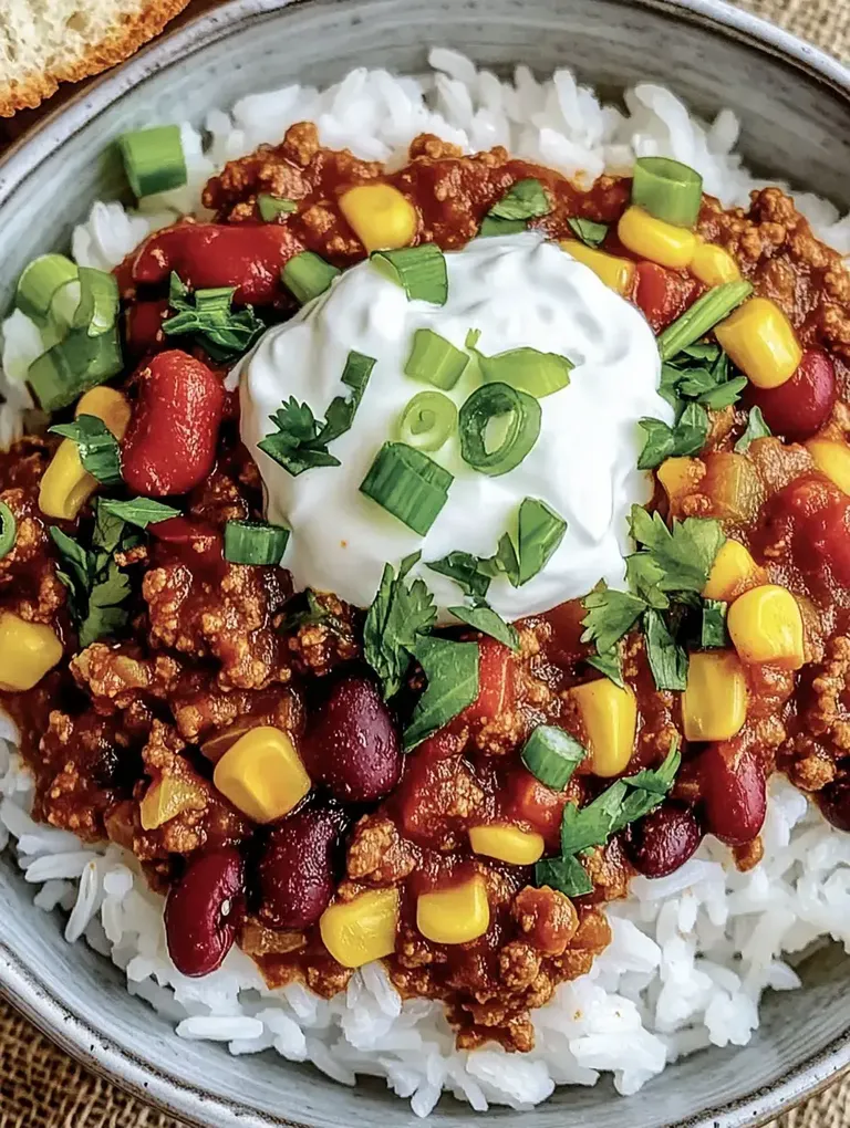 Eine Schüssel mit Reis, belegt mit einer würzigen Chili-Mischung aus Hackfleisch, Bohnen, Mais und frischen Kräutern sowie einem Klecks Sauerrahm.