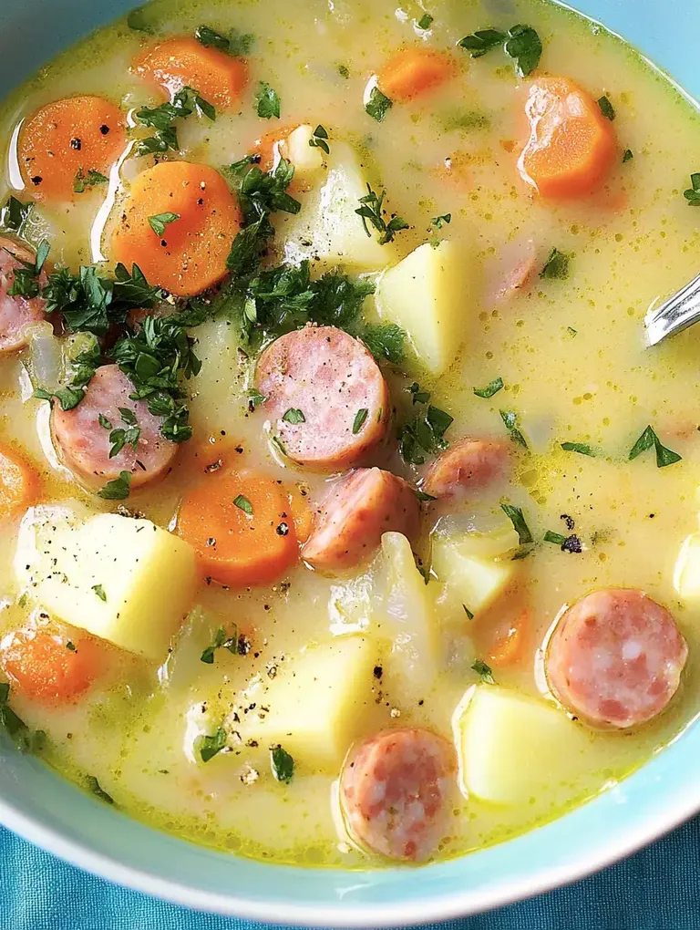 Eine Schale mit herzhaftem Eintopf, der Karotten, Kartoffeln und Scheiben von Wurst enthält, garniert mit frischer Petersilie.