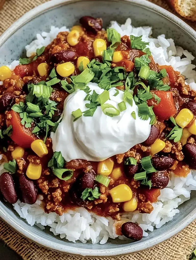 Ein Schüssel mit Reis, garniert mit Chili, Mais, roten Bohnen, gewürfelten Tomaten, frischem Koriander und einem Klecks Sauerrahm.