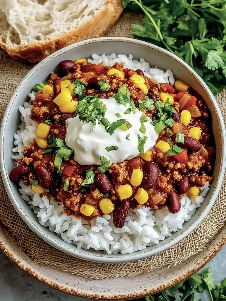 Eine Schüssel mit Reis, darauf Chili mit roten Bohnen, Mais, Hackfleisch und einem Klecks Sauerrahm, garniert mit frischem Koriander, neben einem Stück Brot.
