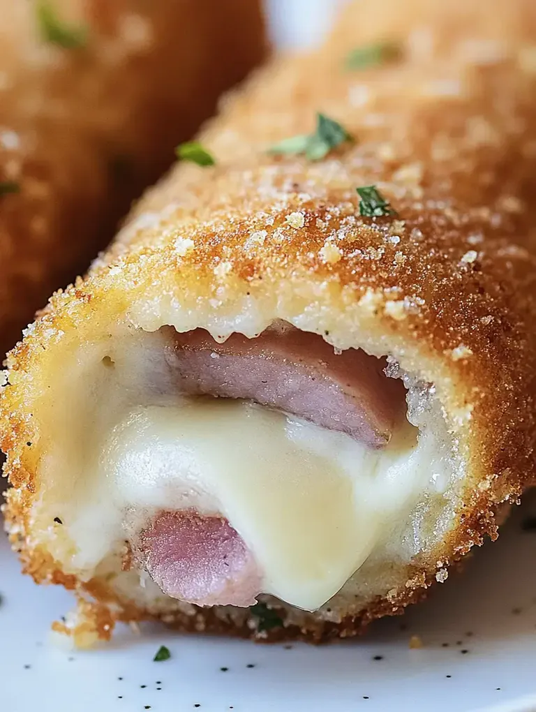 In der Nahaufnahme ist ein knuspriger, gefüllter Snack mit Schinken und Käse zu sehen.